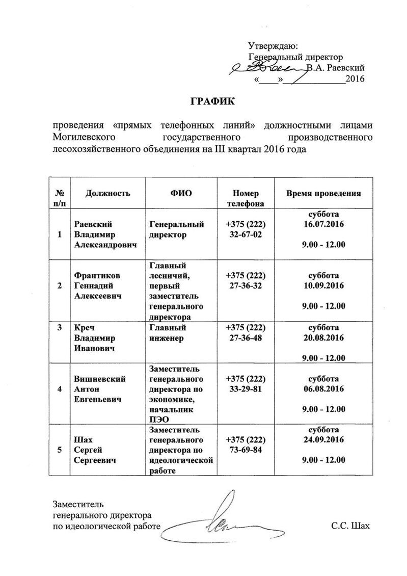 График прямых телефонных линий, проводимых руководством Минлесхоза и ГПЛХО в июле 2016 года