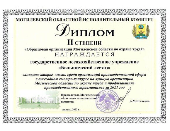 Белыничский лесхоз награждён дипломом